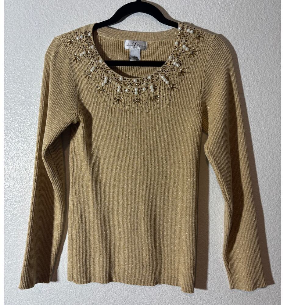 Once Again Pullover Sweater Size L Gold Metallic Beaded Neckline Ribbed Vintage